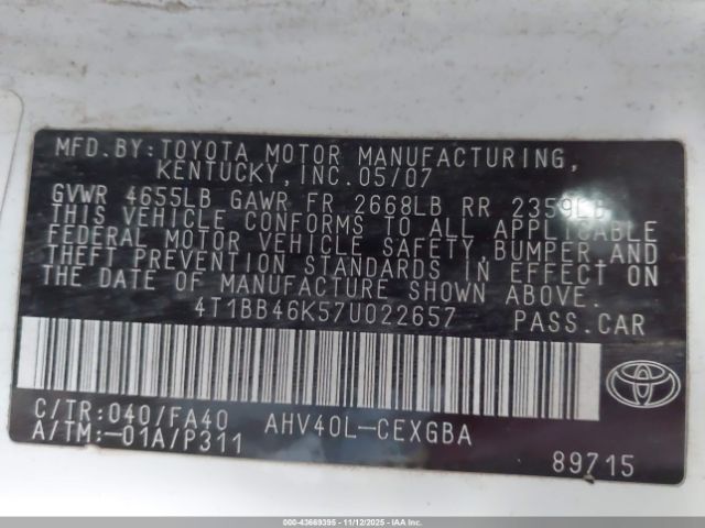 2007 TOYOTA CAMRY HYBRID 4T1BB46K57U022657 Photo 8
