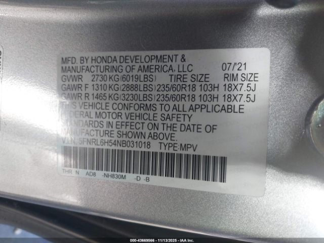 2022 HONDA ODYSSEY 5FNRL6H54NB031018 Photo 8