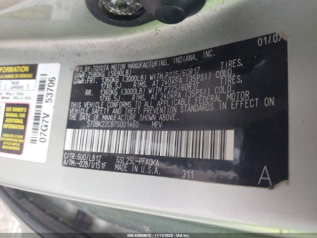 2007 TOYOTA SIENNA 5TDBK22C87S001460 Photo 8