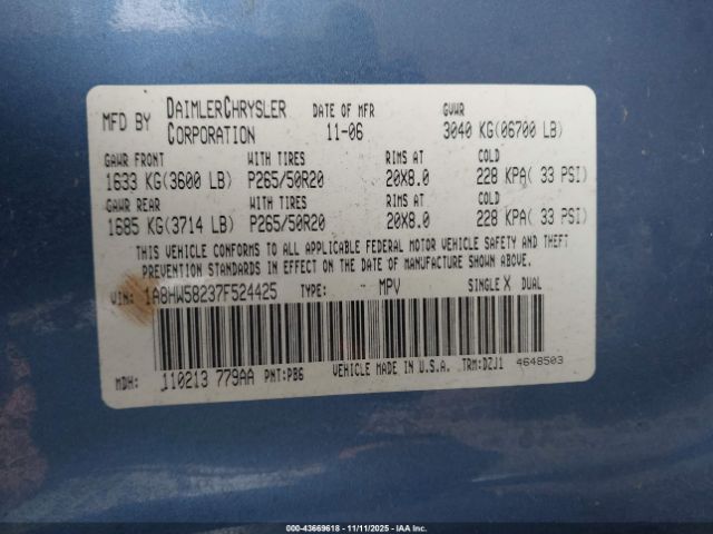 2007 CHRYSLER ASPEN 1A8HW58237F524425 Photo 8