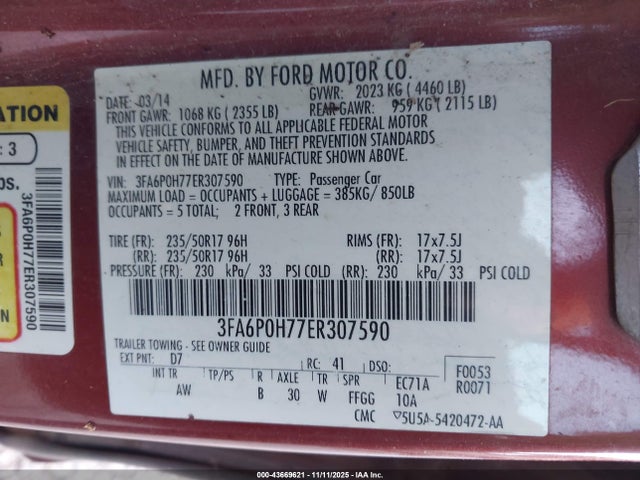 3FA6P0H77ER307590 Ford FUSION SE