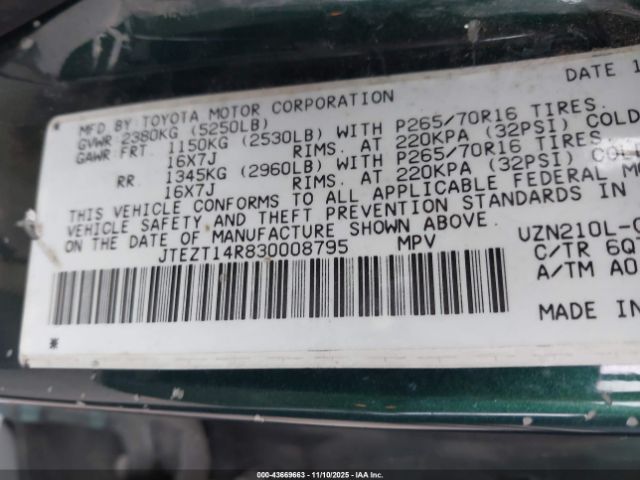 2003 TOYOTA 4RUNNER JTEZT14R830008795 Photo 8