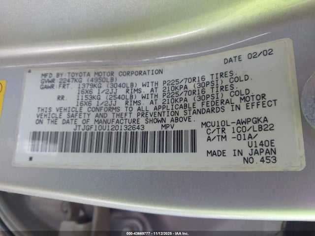 43669777 :رقم المزاد ، JTJGF10U120132643 vin ، 2002 Lexus Rx 300 مزاد بيع