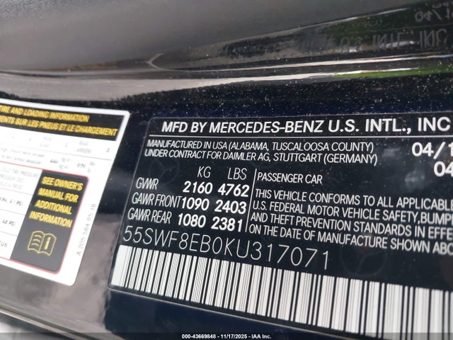 Aukcja sprzedaży 2019 Mercedes-benz C 300 4matic, vin: 55SWF8EB0KU317071, numer aukcji: 43669848