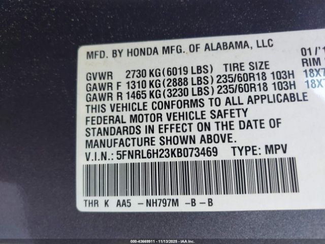 2019 HONDA ODYSSEY 5FNRL6H23KB073469 Photo 8