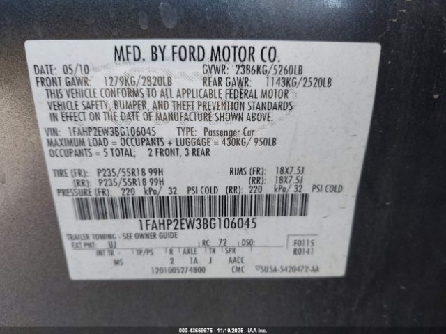 2011 FORD TAURUS 1FAHP2EW3BG106045 Photo 8