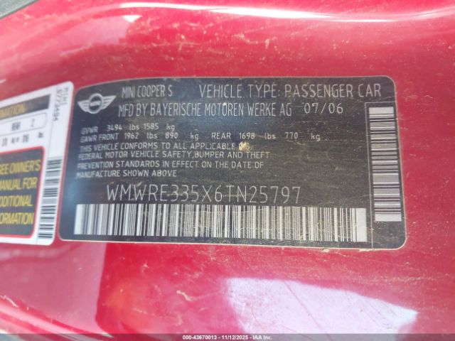 2006 MINI COOPER S WMWRE335X6TN25797 Photo 8