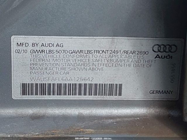 2010 AUDI A4 WAUSFAFL6AA125642 Photo 8