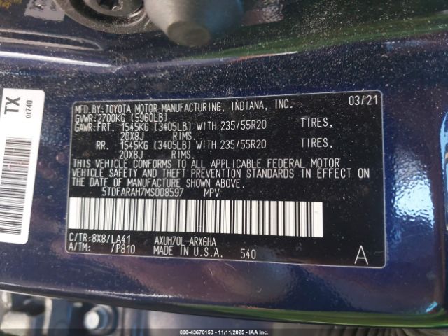 2021 TOYOTA HIGHLANDER 5TDFARAH7MS008597 Photo 8