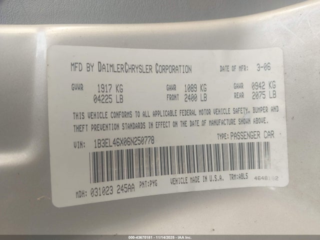 Aukcja sprzedaży 2006 Dodge Stratus Sxt, vin: 1B3EL46X06N250778, numer aukcji: 43670181