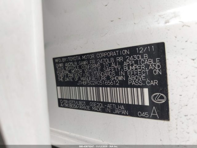 2012 LEXUS IS 250 JTHBF5C2XC5165612 Photo 8