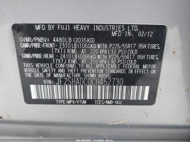 Aukcja sprzedaży 2012 Subaru Forester 2.5x Premium, vin: JF2SHADC0CH452730, numer aukcji: 43670256