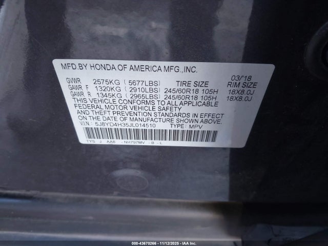 Aukcja sprzedaży 2018 Acura Mdx, vin: 5J8YD4H35JL014510, numer aukcji: 43670266