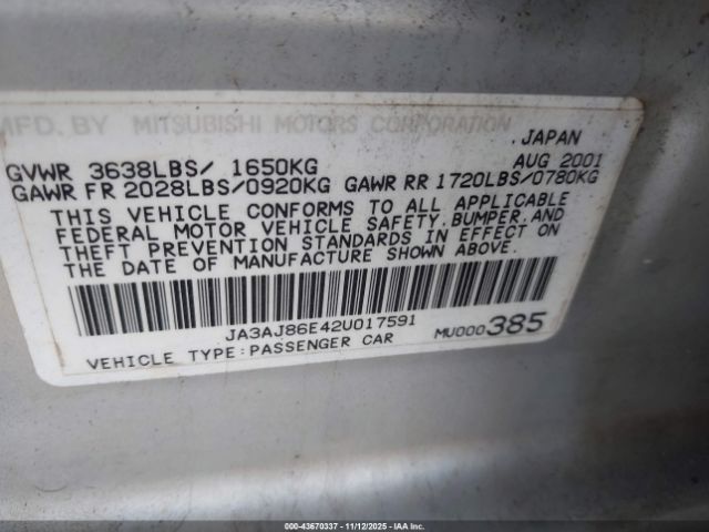 2002 MITSUBISHI LANCER JA3AJ86E42U017591 Photo 8