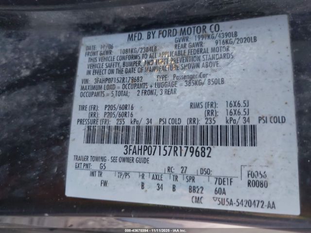2007 FORD FUSION 3FAHP07157R179682 Photo 8