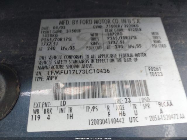 2003 FORD EXPEDITION 1FMFU17L73LC10436 Photo 8