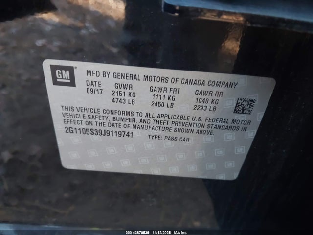 43670539 :رقم المزاد ، 2G1105S39J9119741 vin ، 2018 Chevrolet Impala 1lt مزاد بيع