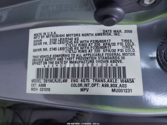 2008 MITSUBISHI ENDEAVOR 4A4MN21S38E042944 Photo 8