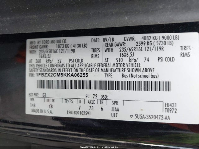 1FBZX2CM5KKA06255 Ford Transit-350 Xlt
