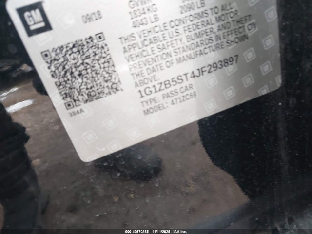 43670865 :رقم المزاد ، 1G1ZB5ST4JF293897 vin ، 2018 Chevrolet Malibu 1ls مزاد بيع