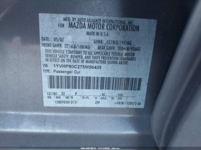 2007 MAZDA MAZDA6 1YVHP80C275M56435 Photo 8