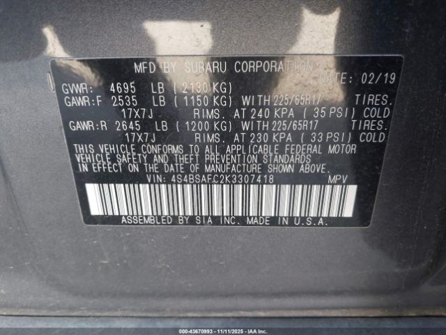 2019 SUBARU OUTBACK 4S4BSAFC2K3307418 Photo 8