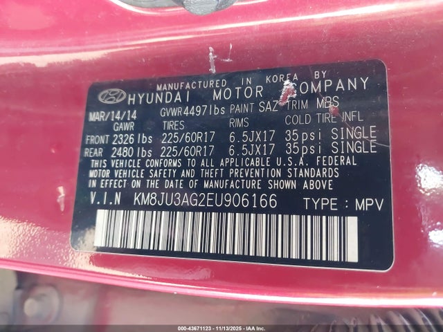43671123 :رقم المزاد ، KM8JU3AG2EU906166 vin ، 2014 Hyundai Tucson Se مزاد بيع