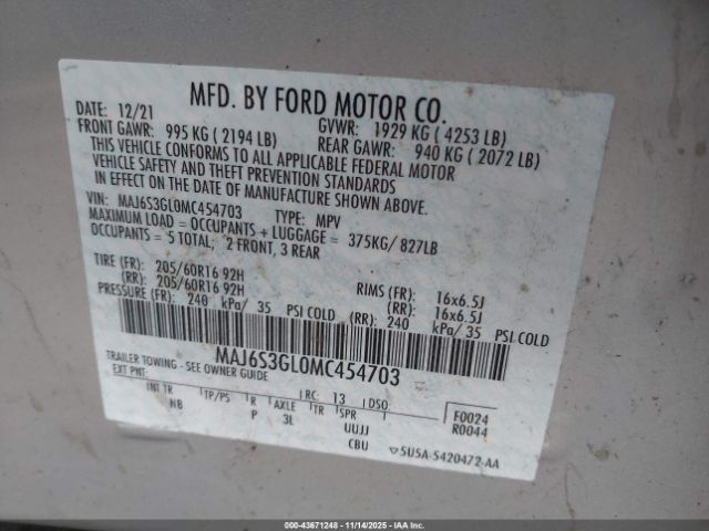 2021 FORD ECOSPORT MAJ6S3GL0MC454703 Photo 8