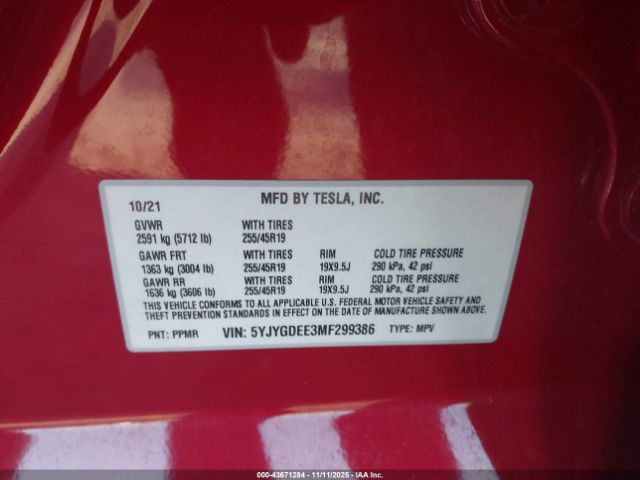 2021 TESLA MODEL Y 5YJYGDEE3MF299386 Photo 8