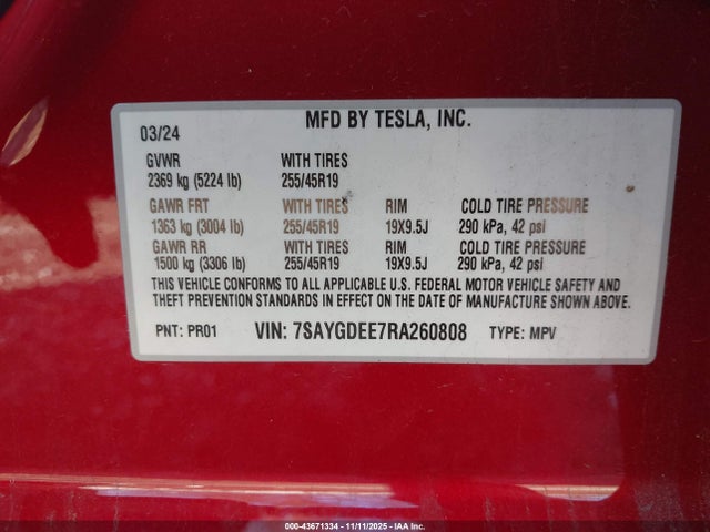 2024 TESLA MODEL Y 7SAYGDEE7RA260808 Photo 8