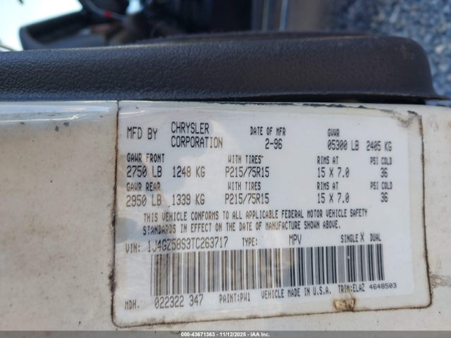 Aukcja sprzedaży 1996 Jeep Grand Cherokee Laredo, vin: 1J4GZ58S3TC263717, numer aukcji: 43671363