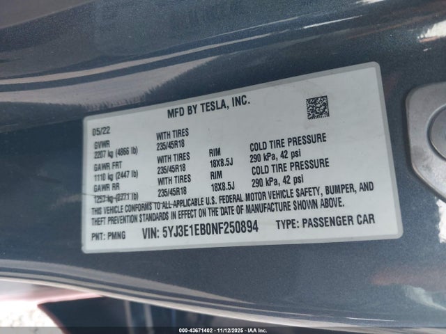 2022 TESLA MODEL 3 5YJ3E1EB0NF250894 Photo 8