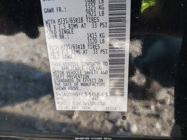 43671420 :رقم المزاد ، 5N1AL0MM9FC550843 vin ، 2015 Infiniti Qx60 مزاد بيع