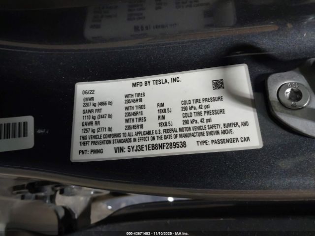 2022 TESLA MODEL 3 5YJ3E1EB8NF289538 Photo 8