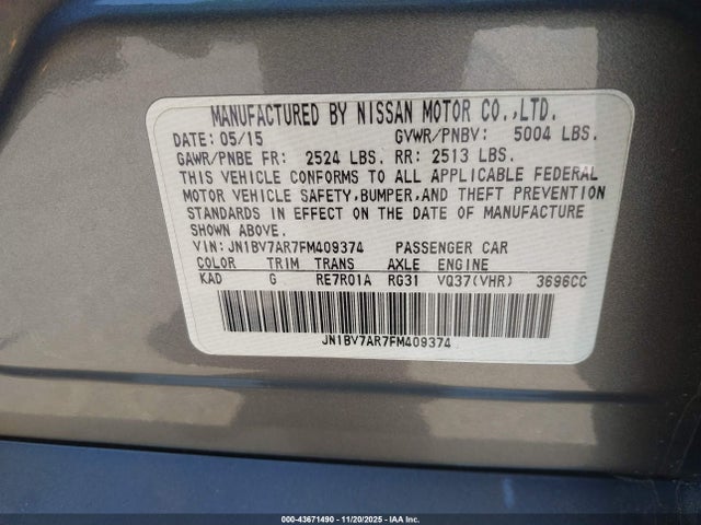 Продажа на аукционе авто 2015 Infiniti Q50 Premium, vin: JN1BV7AR7FM409374, номер лота: 43671490