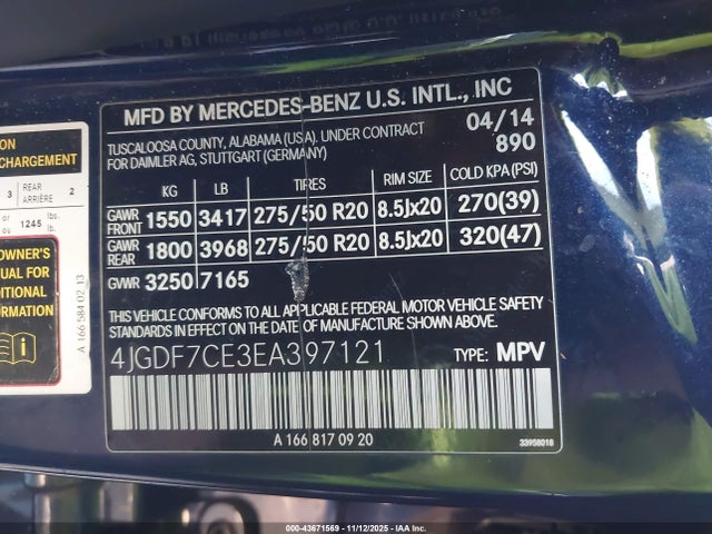 43671569 :رقم المزاد ، 4JGDF7CE3EA397121 vin ، 2014 Mercedes-benz Gl 450 4matic مزاد بيع