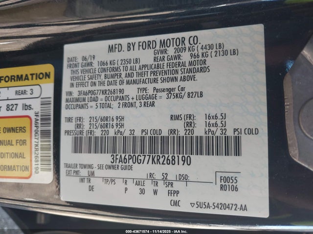 2019 FORD FUSION 3FA6P0G77KR268190 Photo 8