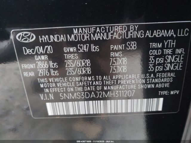 2021 HYUNDAI SANTA FE 5NMS3DAJ2MH311207 Photo 8
