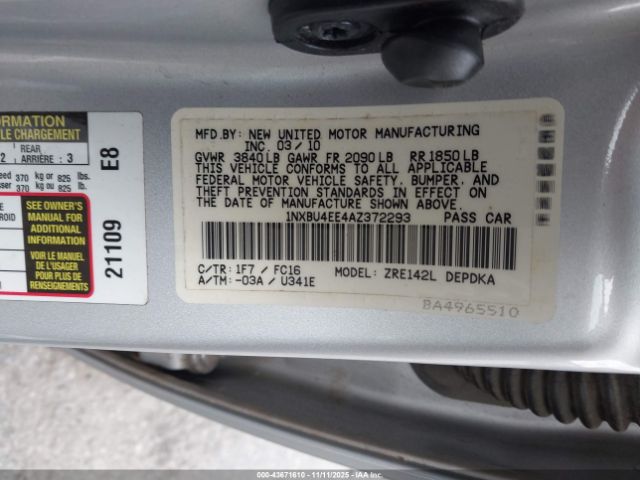 2010 TOYOTA COROLLA 1NXBU4EE4AZ372293 Photo 8