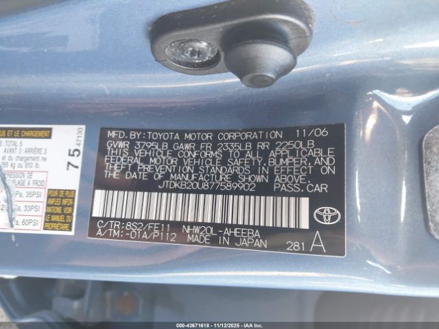 2007 TOYOTA PRIUS JTDKB20U877589902 Photo 8