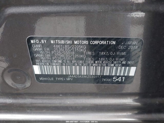 2019 MITSUBISHI OUTLANDER JA4AD3A3XKZ030117 Photo 8