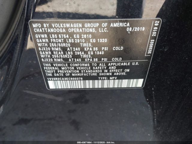 2019 VOLKSWAGEN ATLAS 1V2SR2CA3KC600378 Photo 8