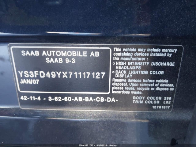 2007 SAAB 9-3 YS3FD49YX71117127 Photo 8
