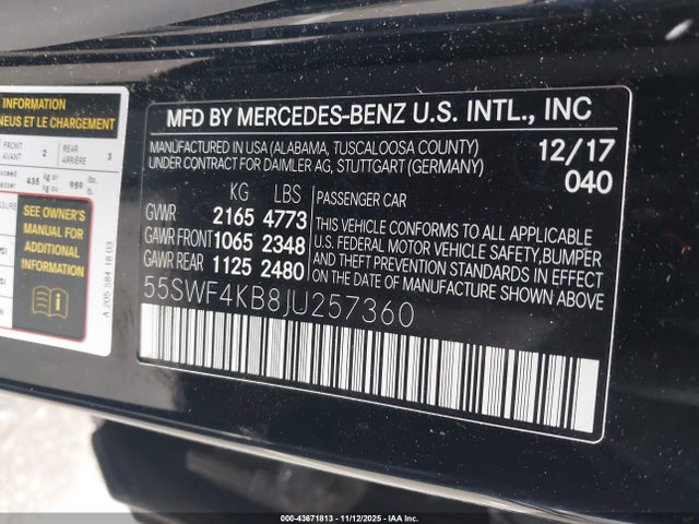 Продаж на аукціоні авто 2018 Mercedes-benz C 300 4matic, vin: 55SWF4KB8JU257360, номер лоту: 43671813