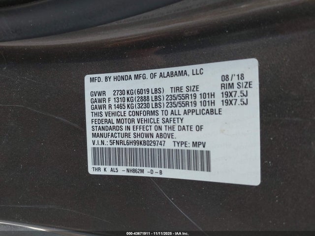 Aukcja sprzedaży 2019 Honda Odyssey Elite, vin: 5FNRL6H99KB029747, numer aukcji: 43671911