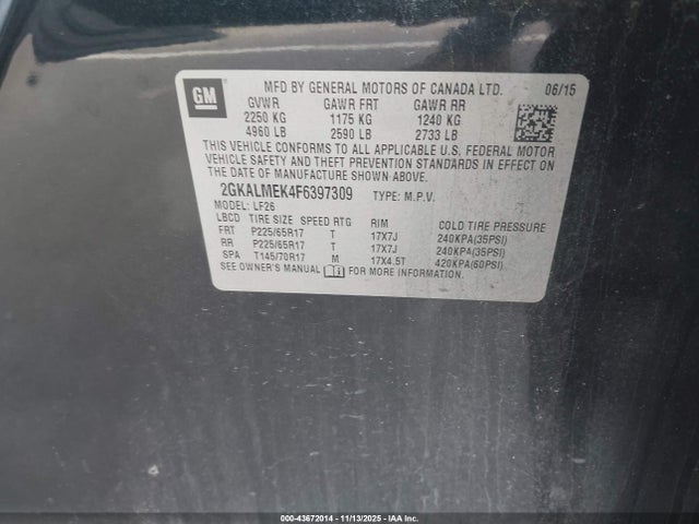 Продаж на аукціоні авто 2015 Gmc Terrain Sle-1, vin: 2GKALMEK4F6397309, номер лоту: 43672014