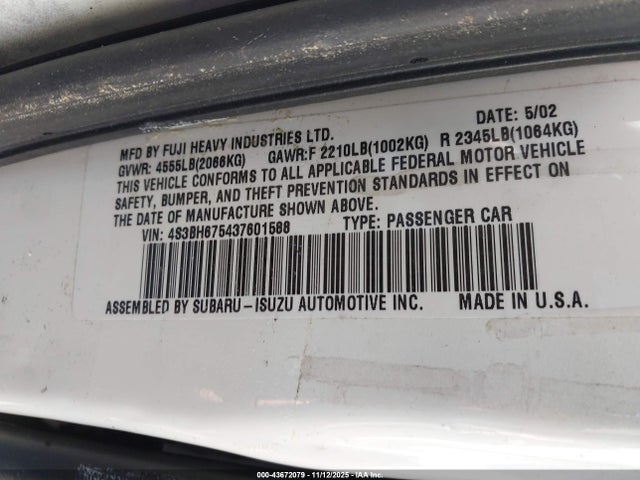 Aukcja sprzedaży 2003 Subaru Outback, vin: 4S3BH675437601588, numer aukcji: 43672079