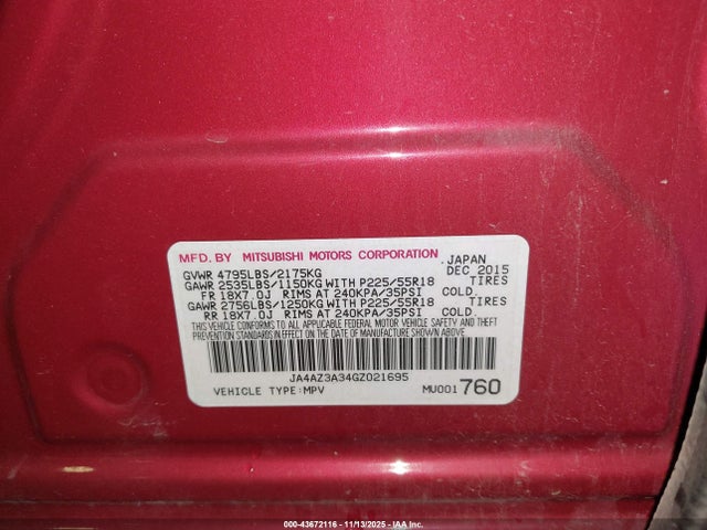 2016 MITSUBISHI OUTLANDER JA4AZ3A34GZ021695 Photo 8