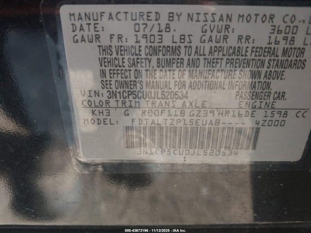 43672196 :رقم المزاد ، 3N1CP5CU0JL520534 vin ، 2018 Nissan Kicks Sr مزاد بيع