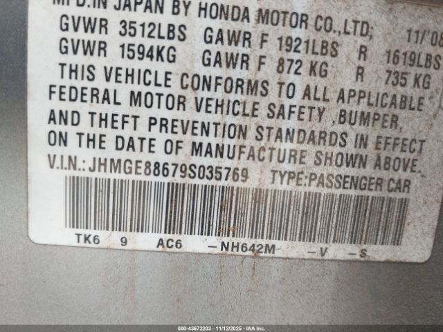 2009 HONDA FIT JHMGE88679S035769 Photo 8